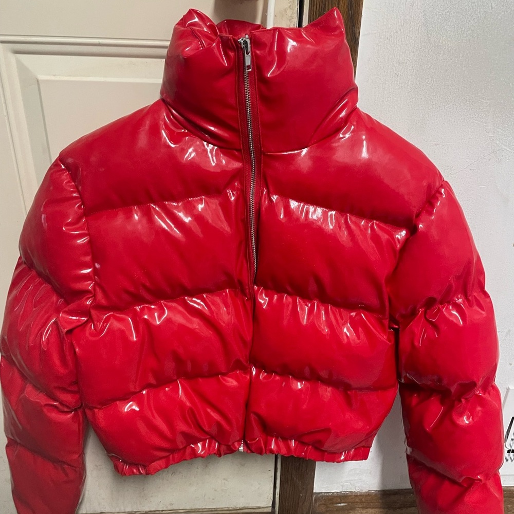 Red vinyl puffer size 4 from pretty little thing